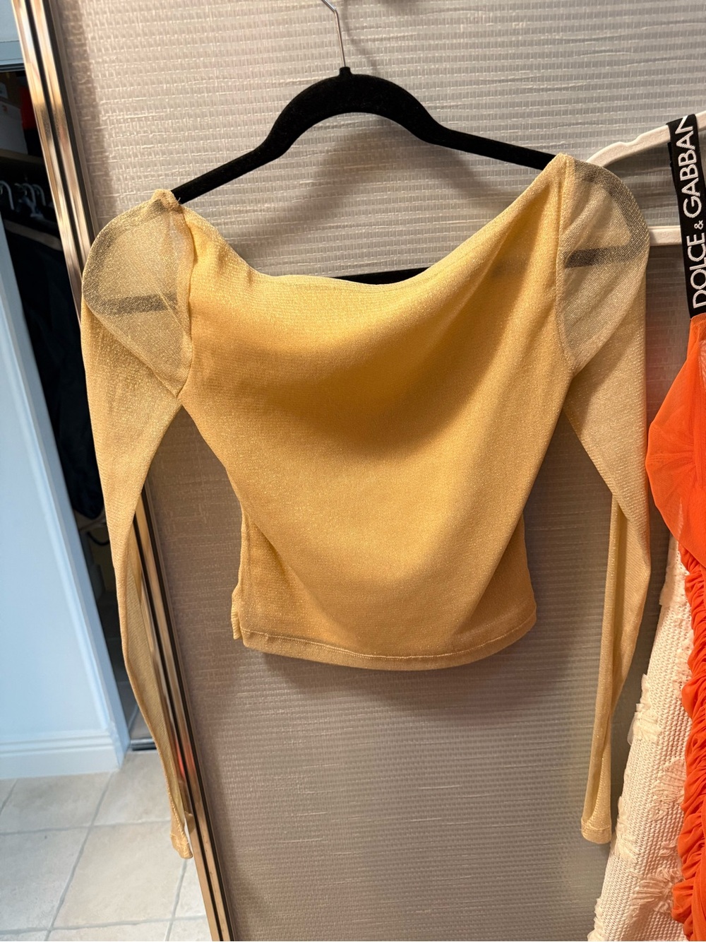 Princess Polly Gold Sheer-Sleeve Cowl Neck Long Sleeve Top